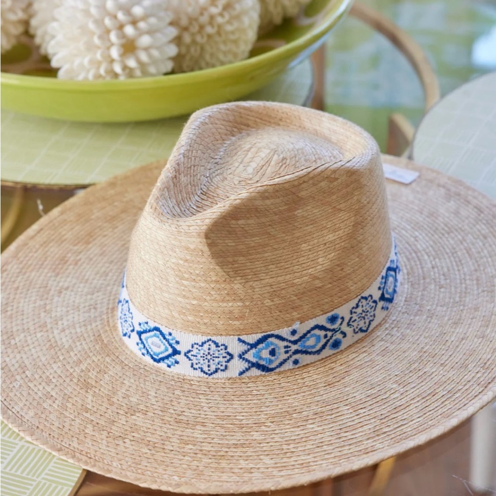 Stylish Tan Hat with Blue Patterned Band